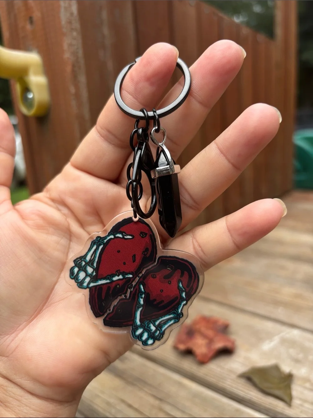 Black and Red Heart Keychain with Crystal Charm